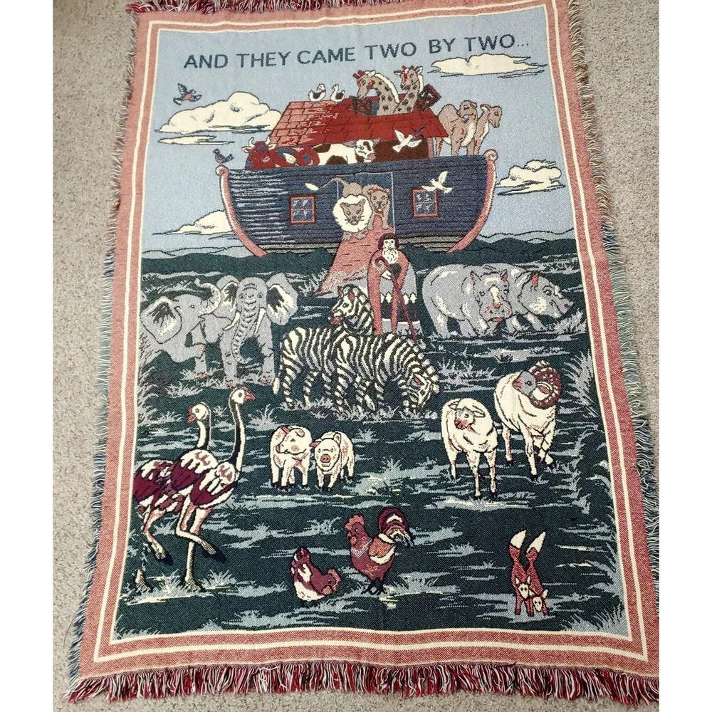 Vintage Noahs Ark Tapestry Woven Throw Blanket-Wall Hanging-70x48-1994 Animals